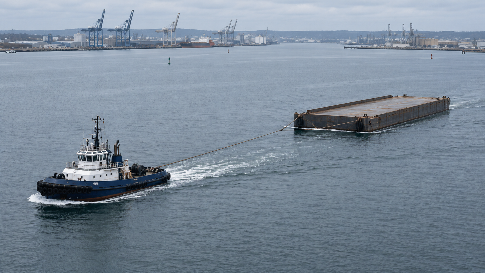 A towing tug pulling an unladen non-propelled deck barge through a harbour approach