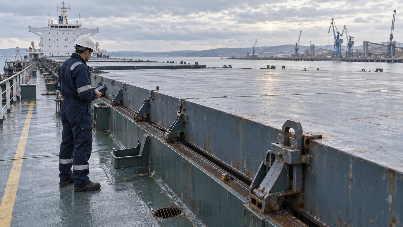 AI-generated illustration of a surveyor beside closed steel hatch covers on a bulk carrier