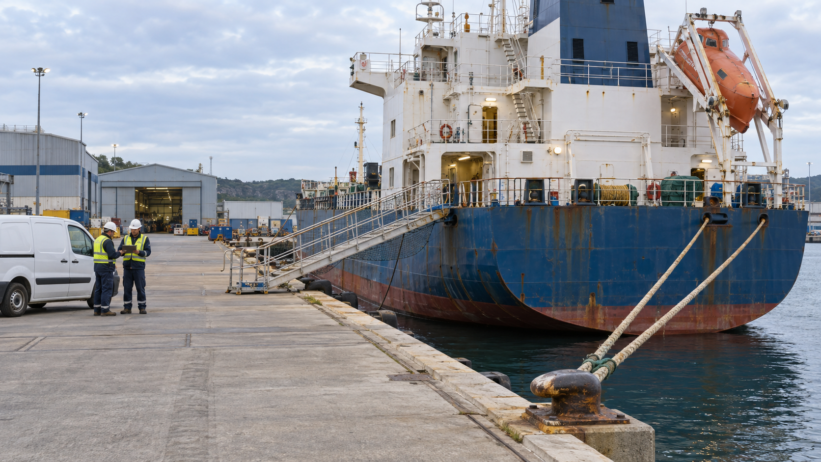 Marine service personnel reviewing a clipboard beside a merchant vessel moored at a repair quay