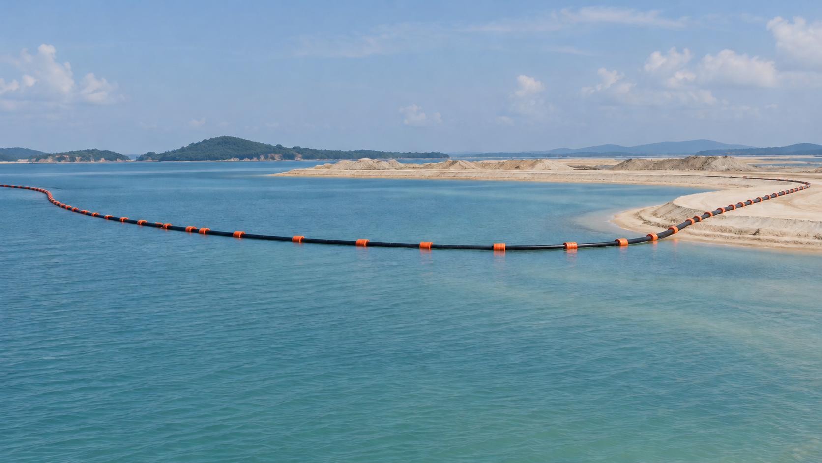 AI-generated editorial illustration showing a distant view of a floating dredging discharge pipeline approaching a reclamation shoreline