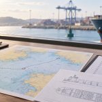 AI-generated illustration of a route chart and vessel checklist overlooking a regional port and a cropped vessel bow