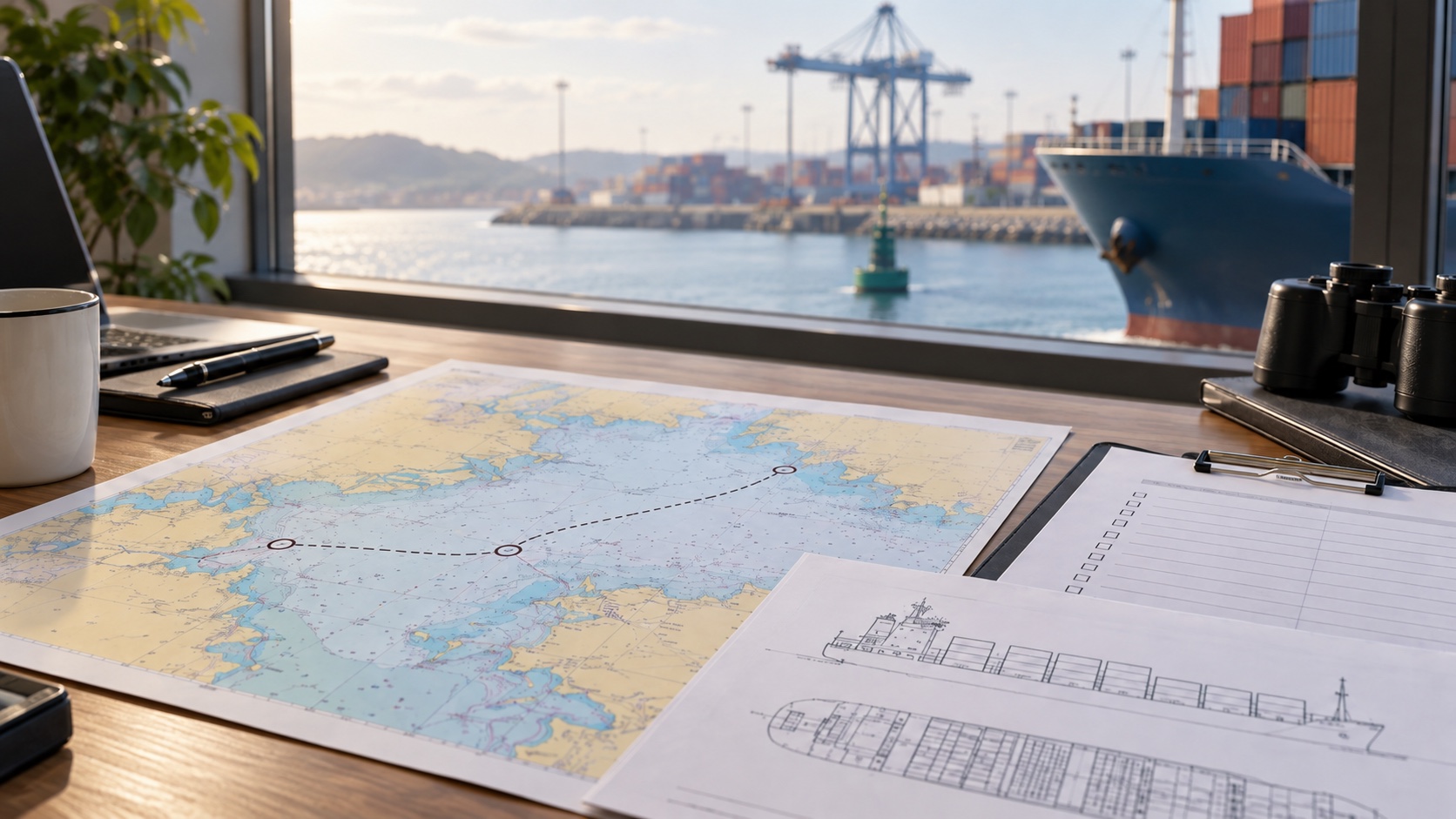 AI-generated illustration of a route chart and vessel checklist overlooking a regional port and a cropped vessel bow