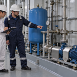 Shipboard engineer and service technician reviewing records beside a freshwater pressure system