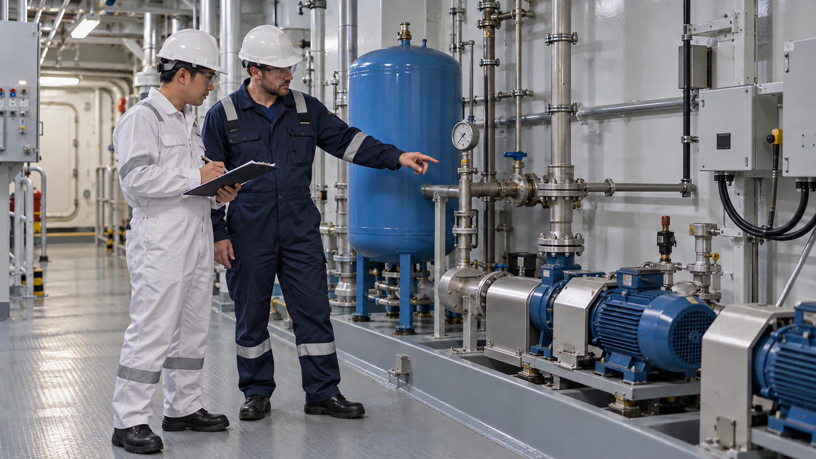 Shipboard engineer and service technician reviewing records beside a freshwater pressure system