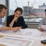 Project personnel reviewing revised drawings and a comparison sheet in a shipyard office