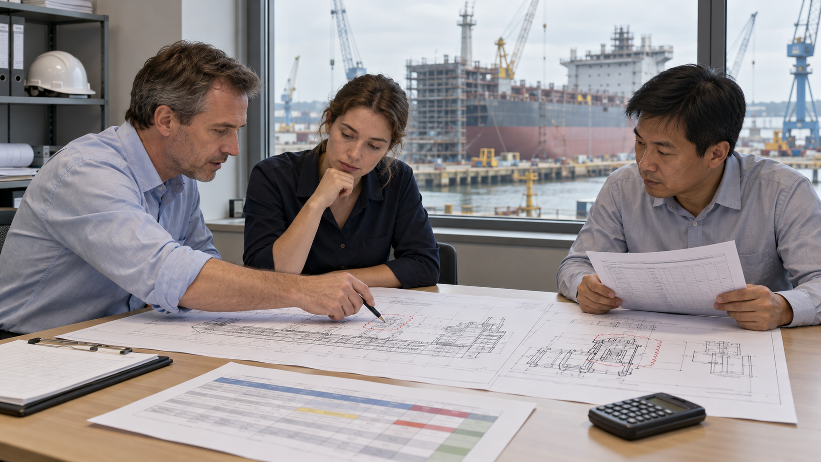 Project personnel reviewing revised drawings and a comparison sheet in a shipyard office