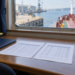 Inventory sheets and a calculator on a ship-office desk overlooking a moored vessel deck