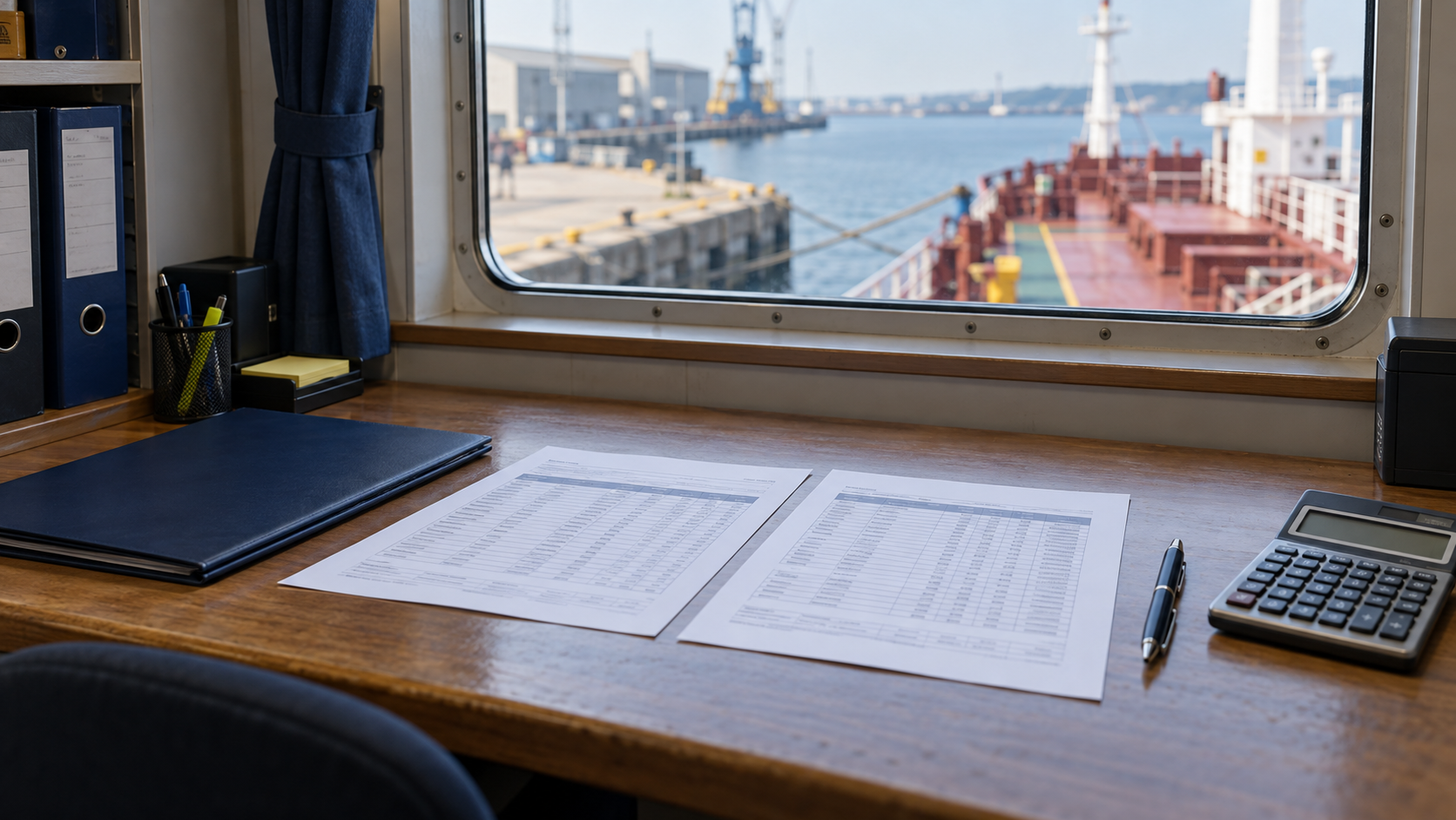 Inventory sheets and a calculator on a ship-office desk overlooking a moored vessel deck