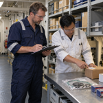 Vessel personnel checking labelled spare parts against a delivery inventory in a shipboard storeroom