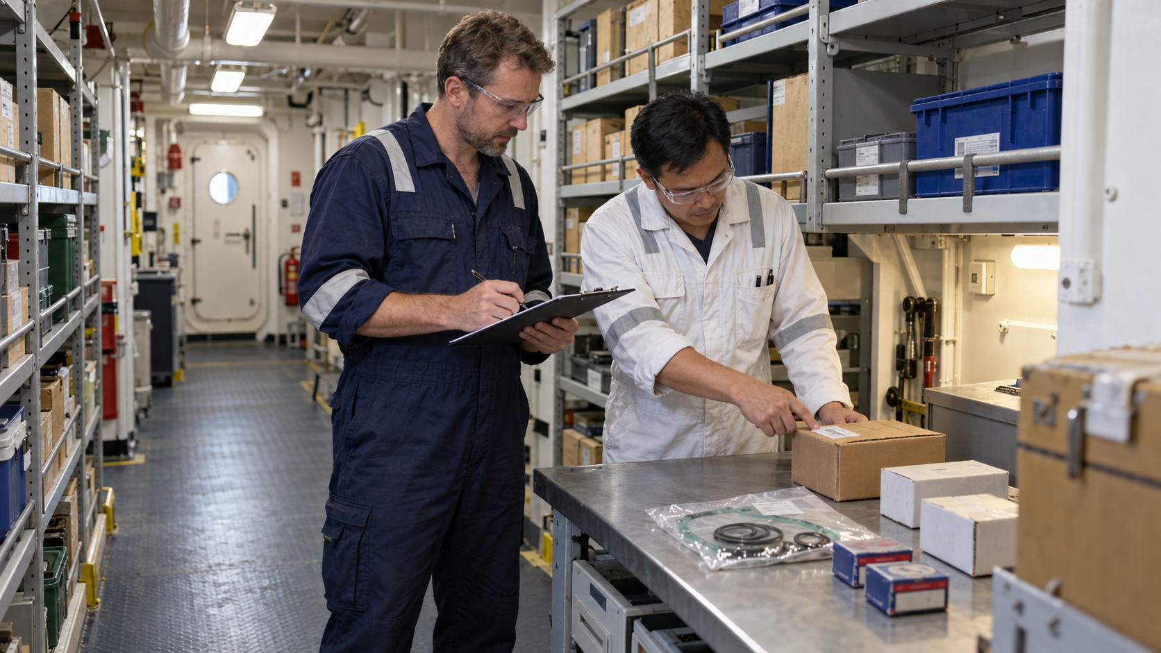 Vessel personnel checking labelled spare parts against a delivery inventory in a shipboard storeroom