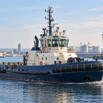 AI-generated illustration of a harbour tug underway, showing its complete exterior