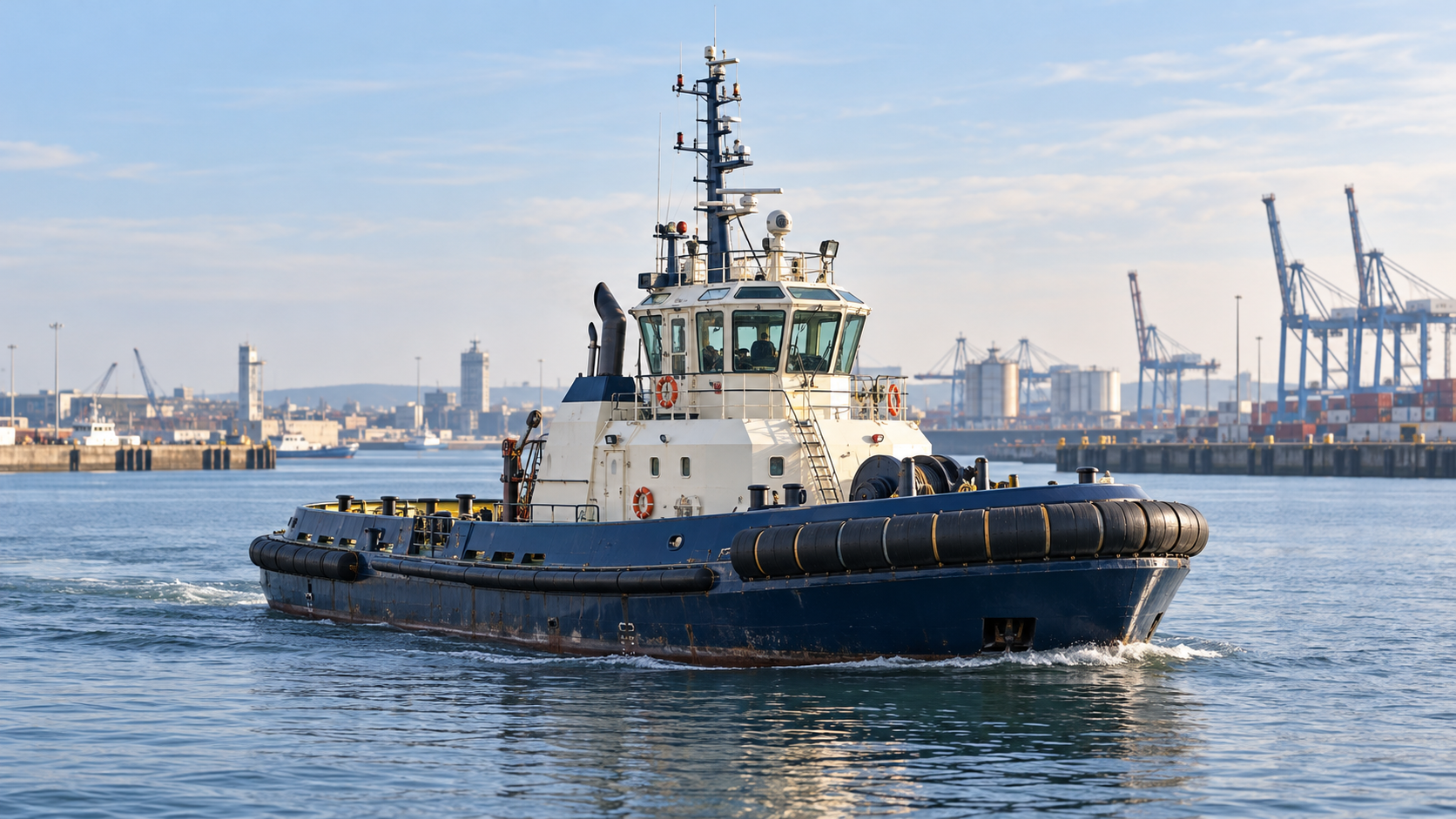 AI-generated illustration of a harbour tug underway, showing its complete exterior