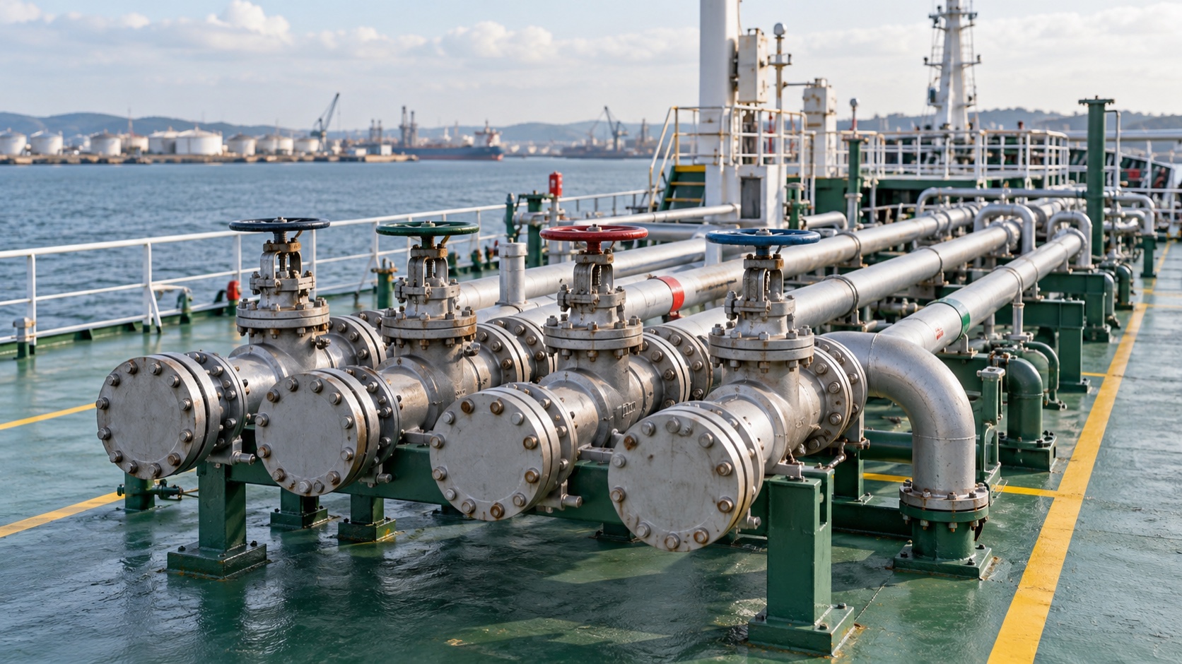 AI-generated illustration of a chemical tanker cargo manifold with parallel deck pipelines and closed flanged connections