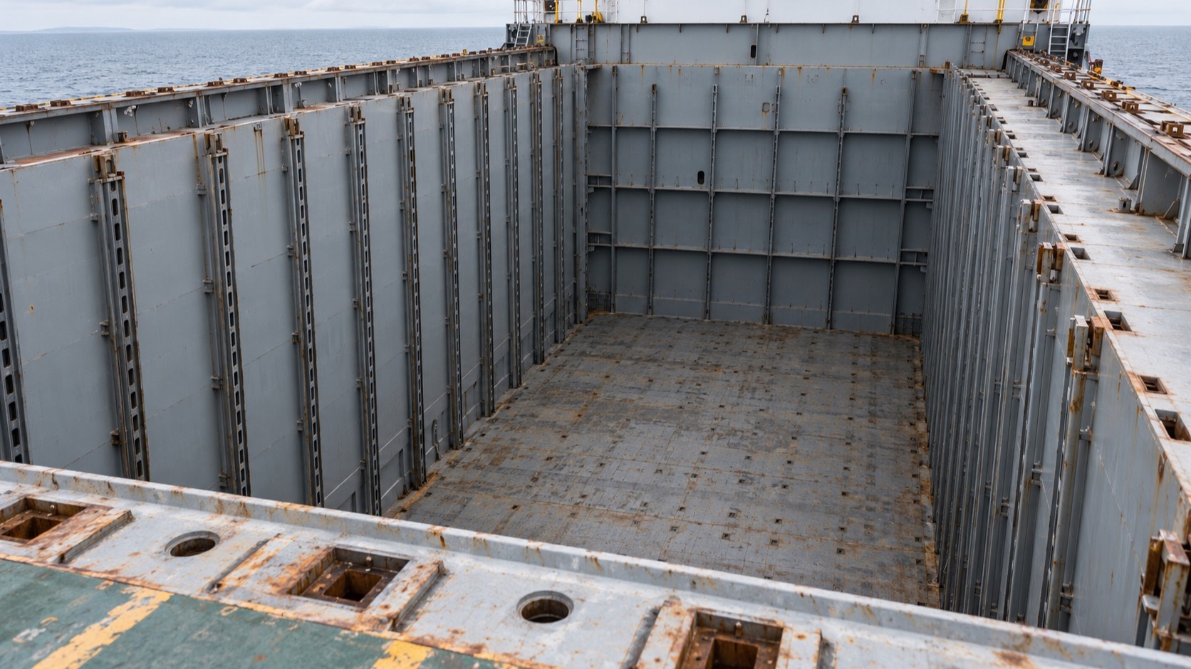 AI-generated illustration of an empty container ship hold with vertical cell guides and hatch coaming