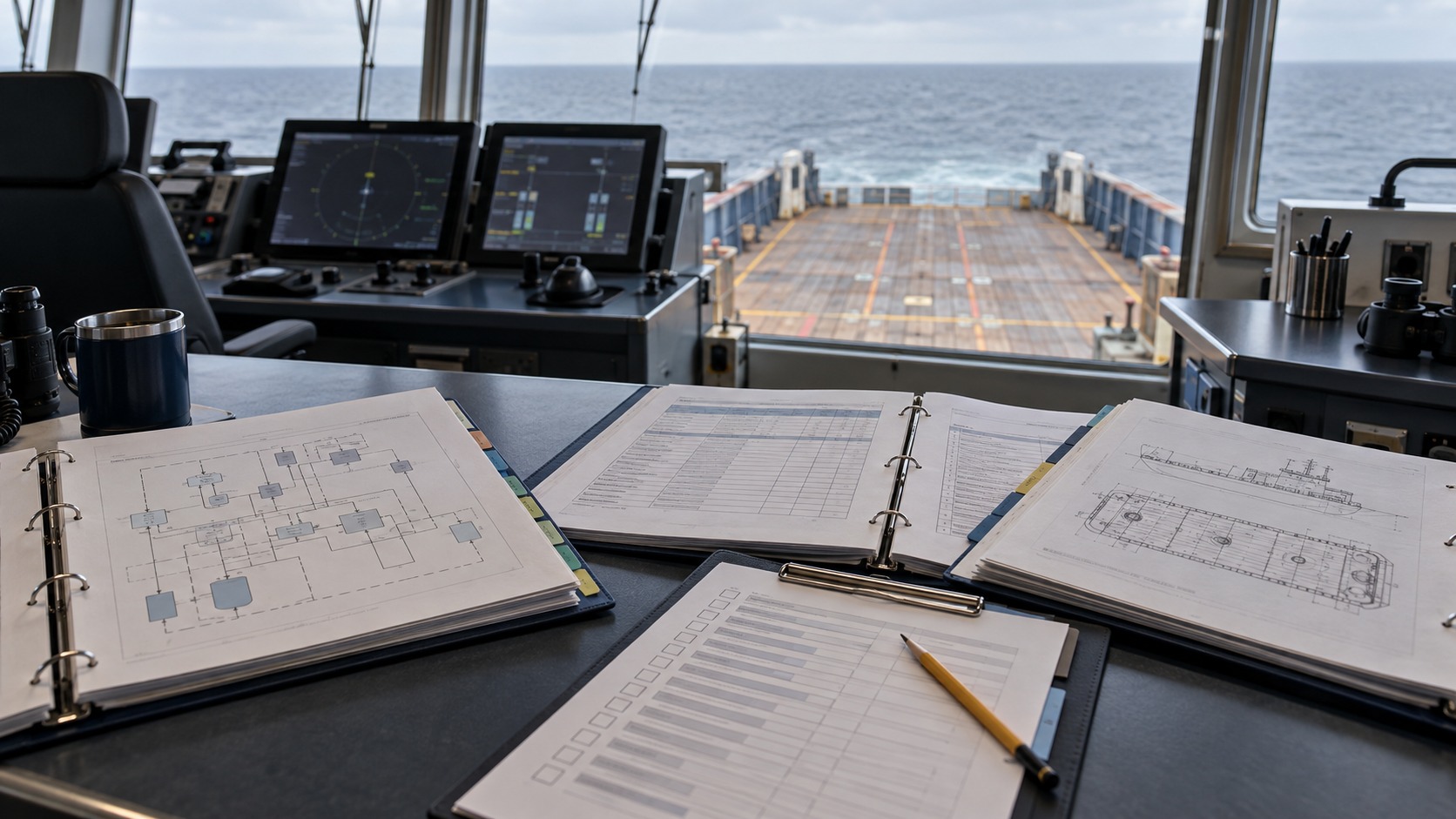 AI-generated illustration of technical binders and a review checklist on an offshore vessel bridge overlooking the aft work deck