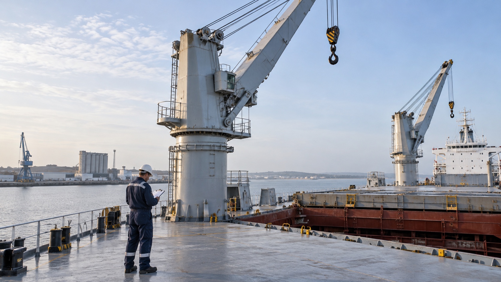 AI-generated illustration of a surveyor reviewing a cargo crane on a multipurpose vessel alongside a quay