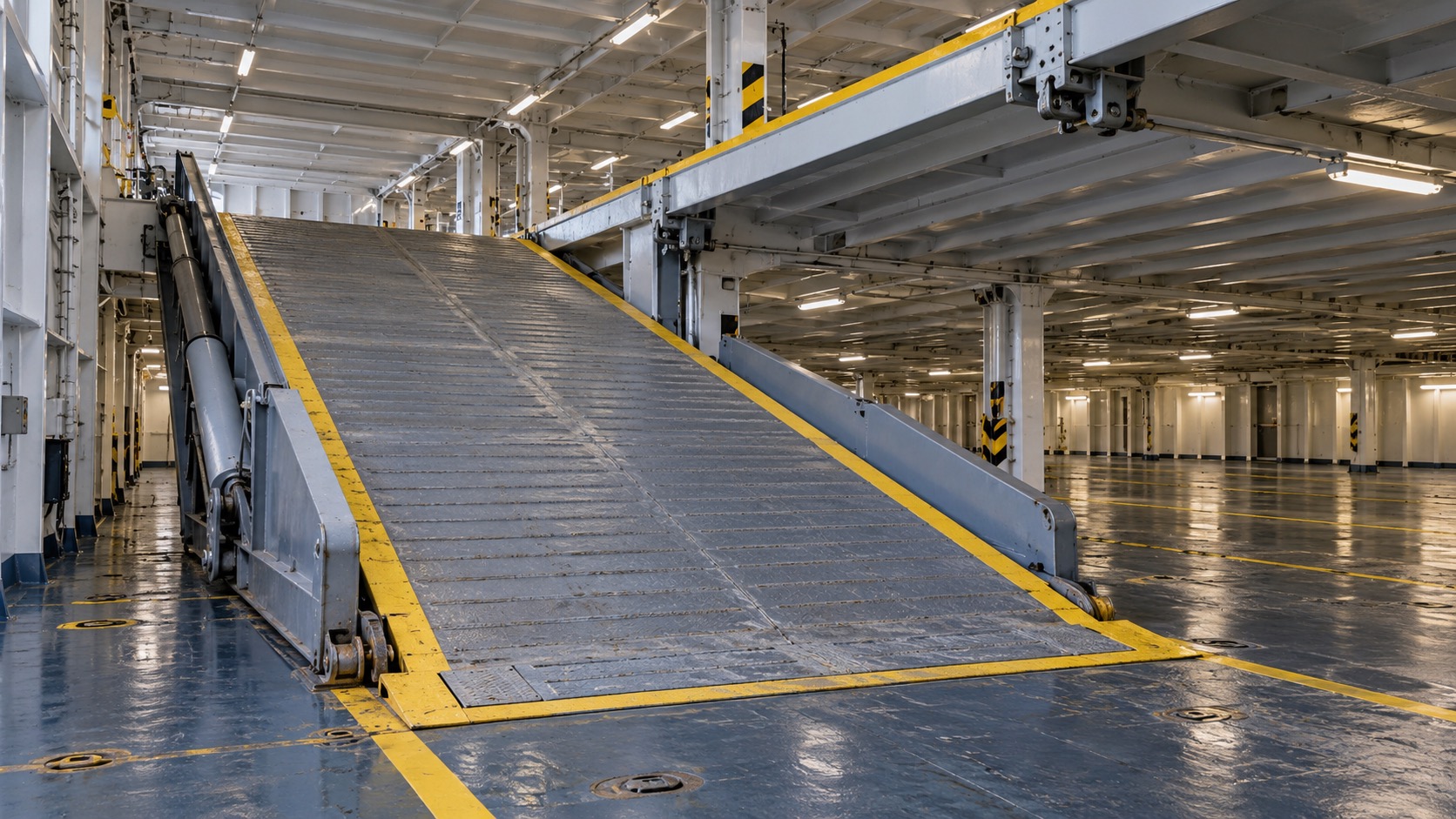 AI-generated illustration of an internal RoRo vehicle ramp beside supported movable car-deck panels