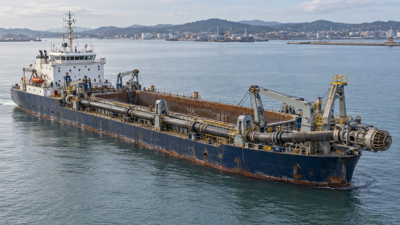 AI-generated illustration of a trailing suction hopper dredger with an open hopper and stowed suction pipe